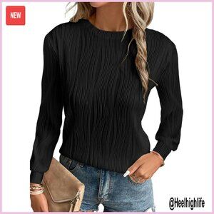 Long Sleeve Crewneck Blouse Loose Fit Textured Knit Top Women's Size